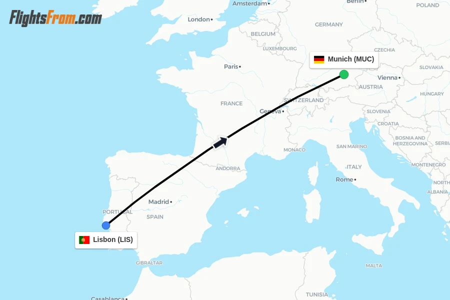 Flights from Lisbon to Munich route map