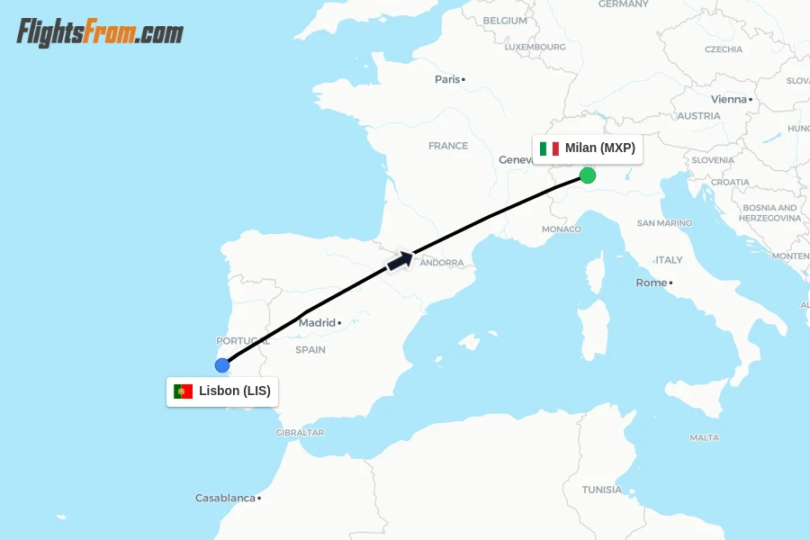 Flights from Lisbon to Milan route map