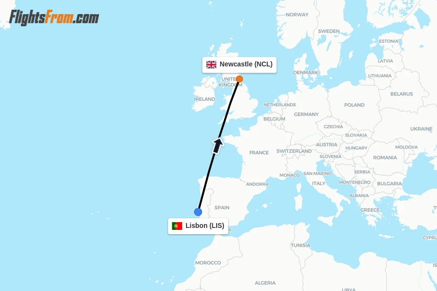 Flights from Lisbon to Newcastle route map