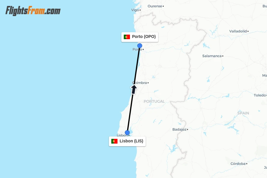Flights from Lisbon to Porto route map