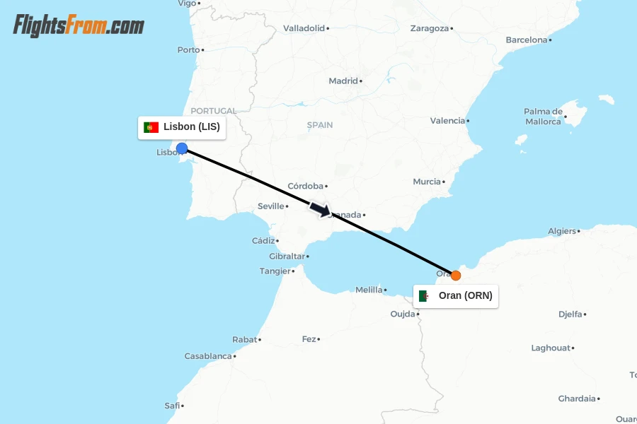 Flights from Lisbon to Oran route map
