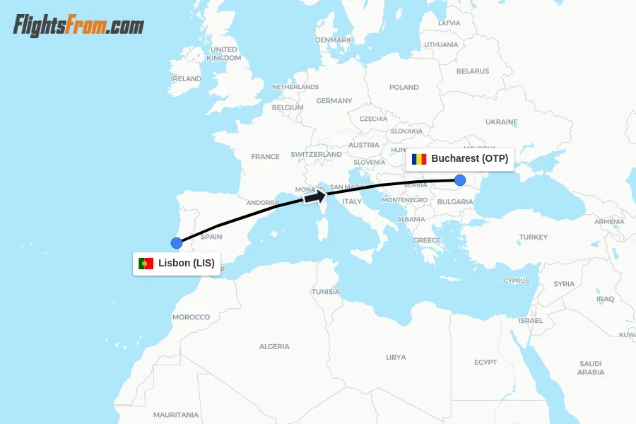 Flights from Lisbon to Bucharest route map