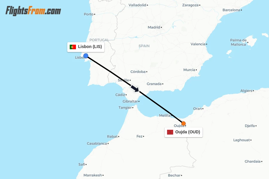 Flights from Lisbon to Oujda route map