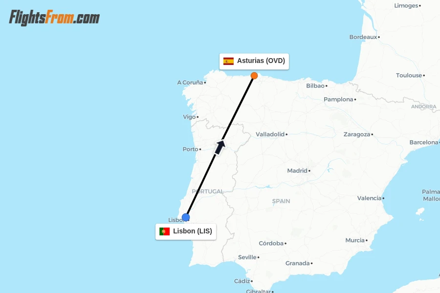 Flights from Lisbon to Asturias route map