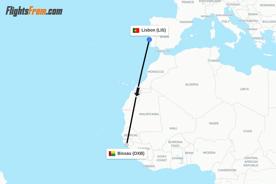 Flights from Lisbon to Bissau route map