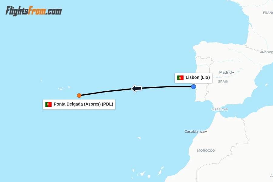 Flights from Lisbon to Ponta Delgada (Azores) route map