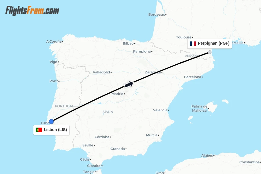 Flights from Lisbon to Perpignan route map