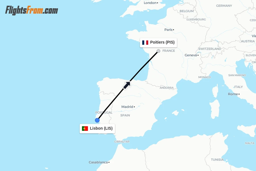 Flights from Lisbon to Poitiers route map