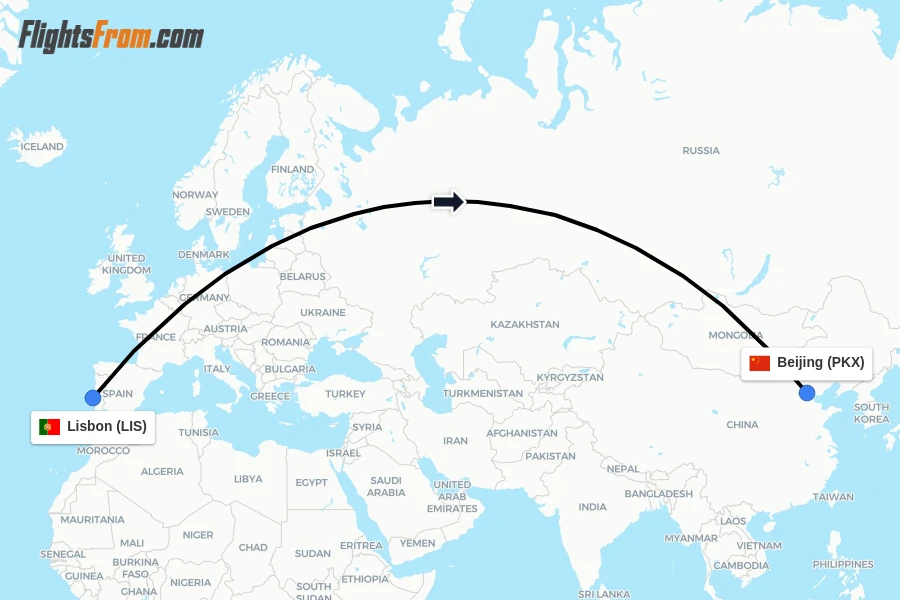 Flights from Lisbon to Beijing route map