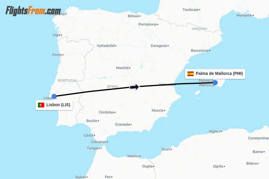 Flights from Lisbon to Palma de Mallorca route map