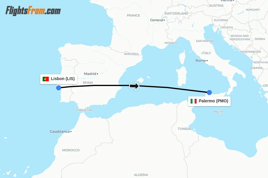 Flights from Lisbon to Palermo route map