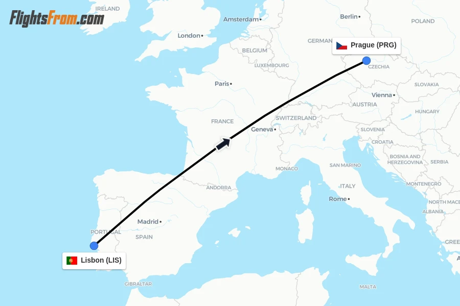 Flights from Lisbon to Prague route map