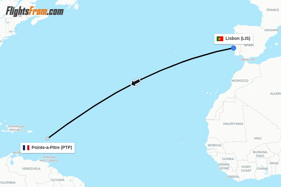 Flights from Lisbon to Pointe-a-Pitre route map