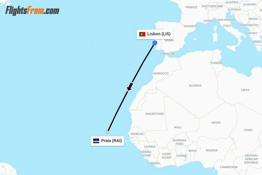 Flights from Lisbon to Praia route map