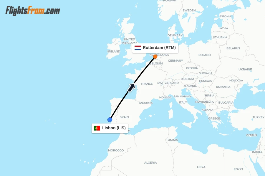 Flights from Lisbon to Rotterdam route map
