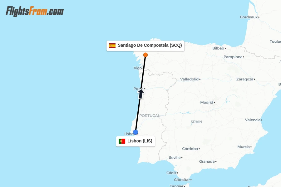 Flights from Lisbon to Santiago De Compostela route map