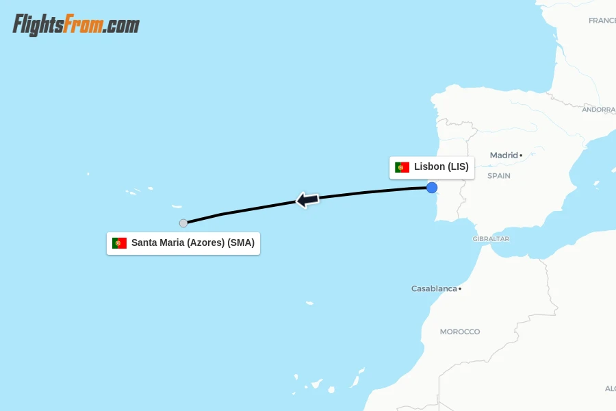 Flights from Lisbon to Santa Maria (Azores) route map