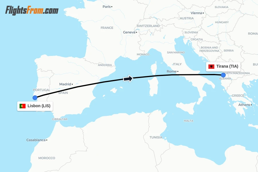 Flights from Lisbon to Tirana route map