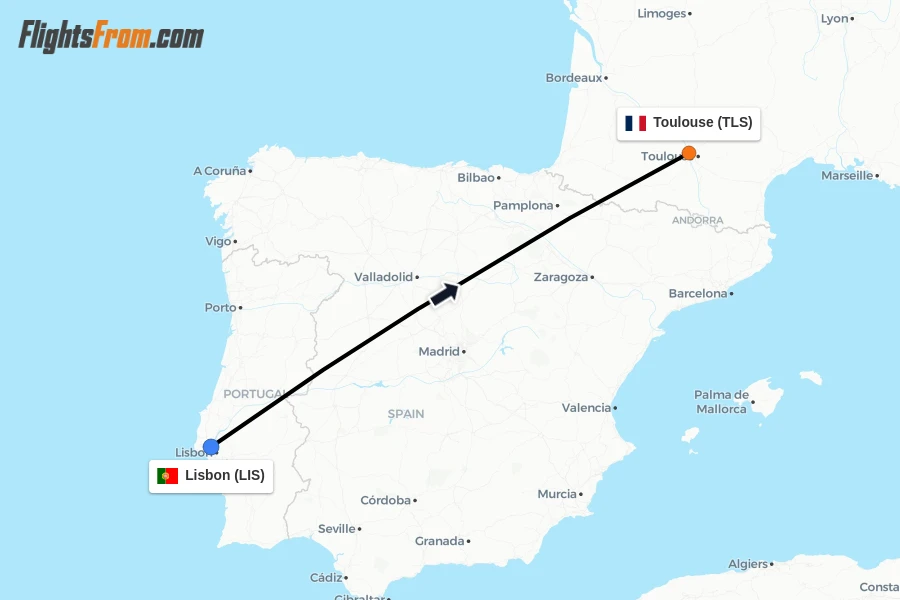 Flights from Lisbon to Toulouse route map