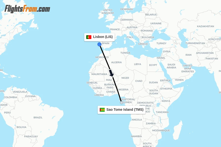Flights from Lisbon to Sao Tome Island route map