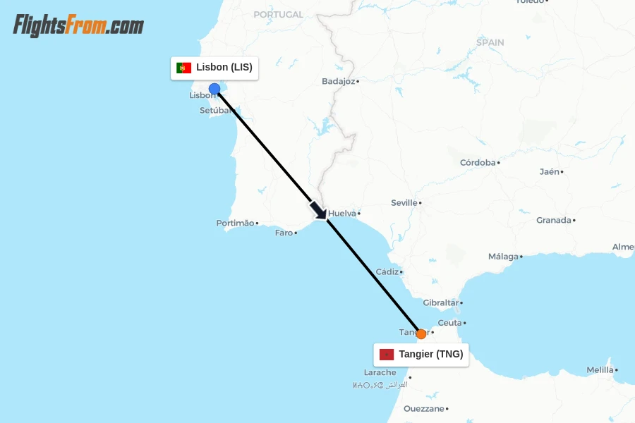 Flights from Lisbon to Tangier route map