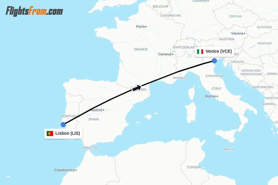 Flights from Lisbon to Venice route map