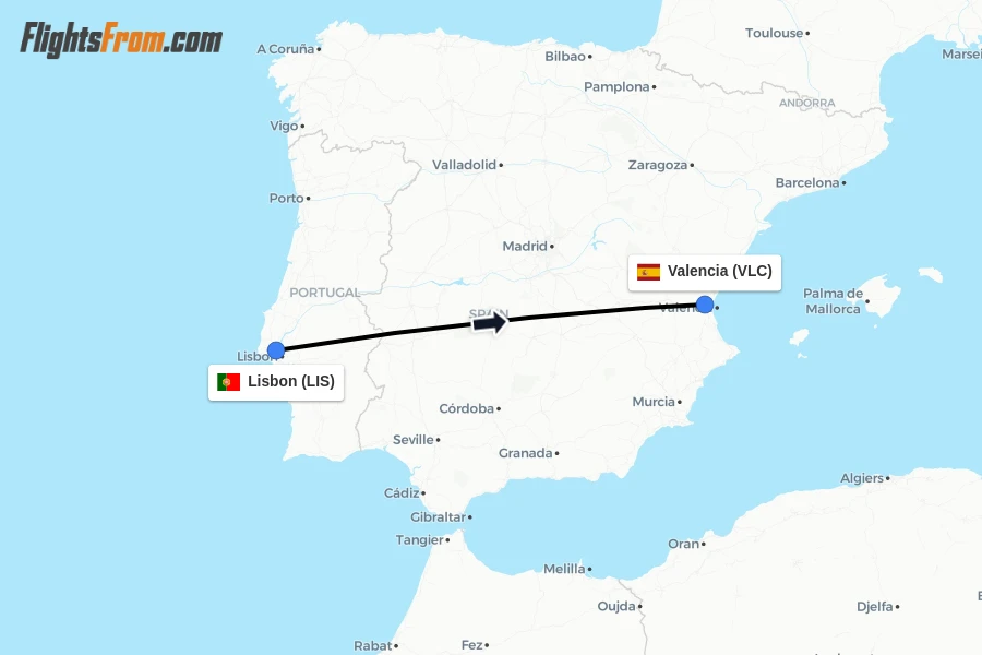 Flights from Lisbon to Valencia route map