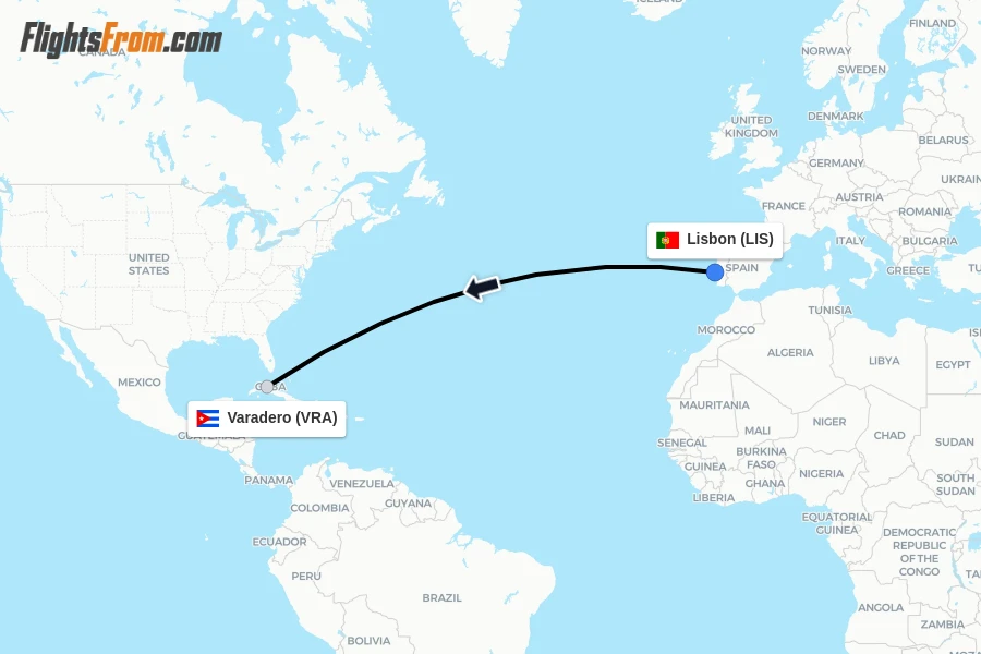 Flights from Lisbon to Varadero route map