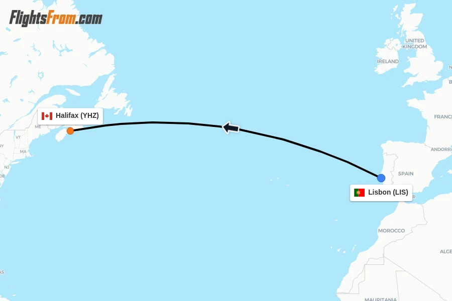 Flights from Lisbon to Halifax route map