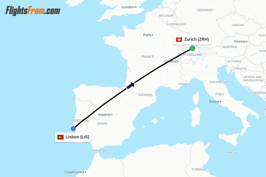 Flights from Lisbon to Zurich route map