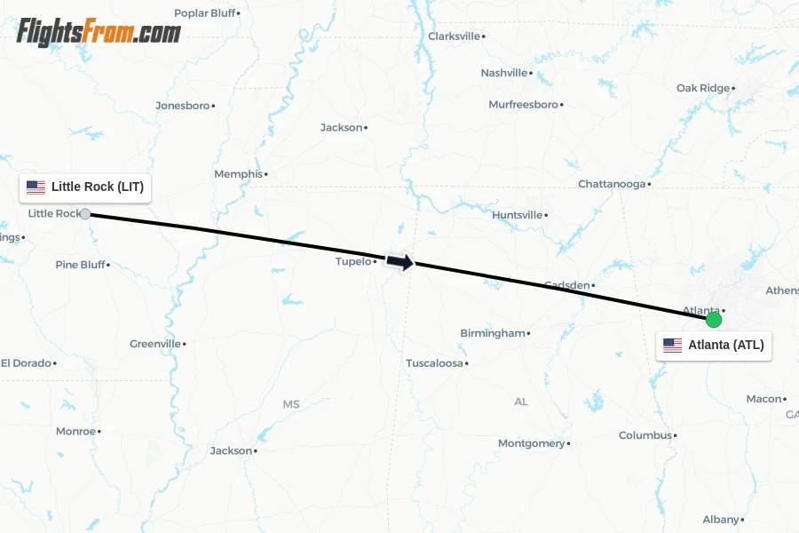 Flights from Little Rock to Atlanta route map