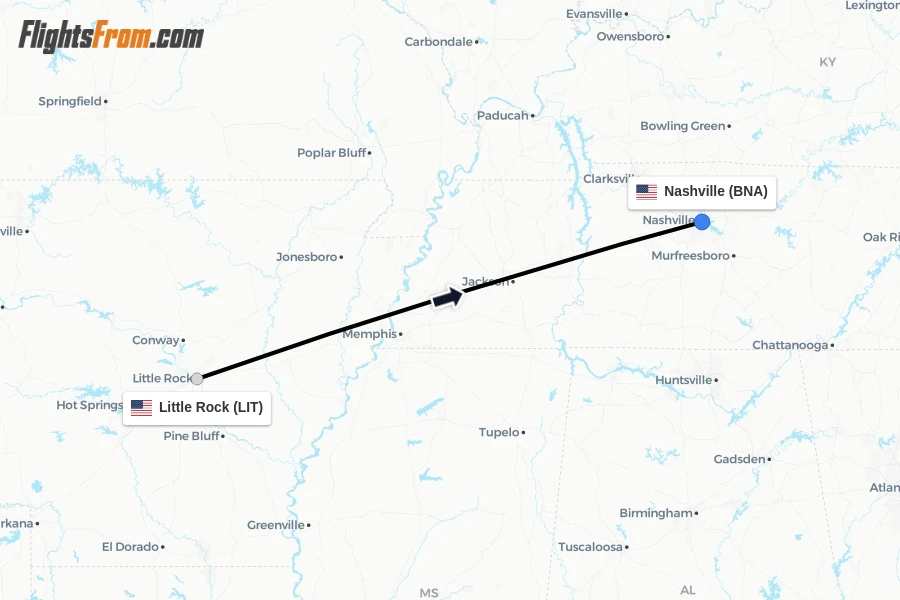 Flights from Little Rock to Nashville route map