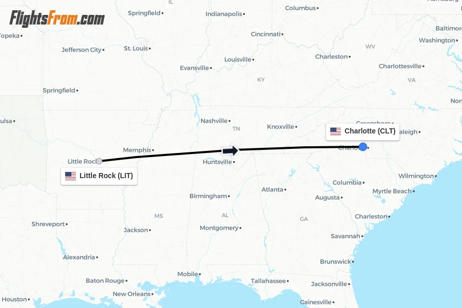 Flights from Little Rock to Charlotte route map