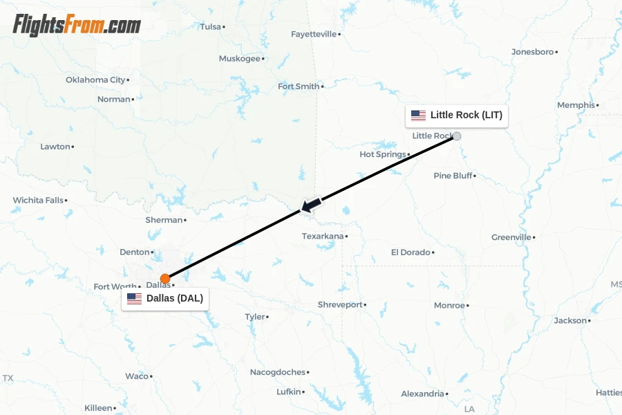 Flights from Little Rock to Dallas route map