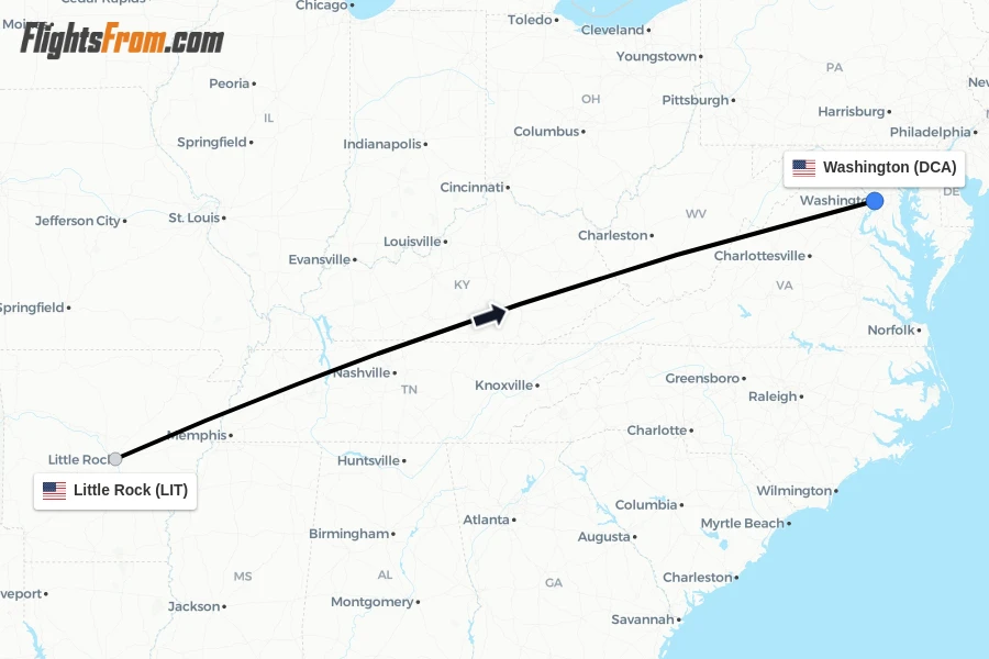 Flights from Little Rock to Washington route map