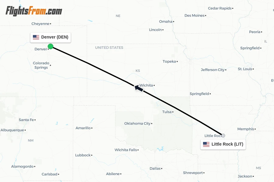 Flights from Little Rock to Denver route map