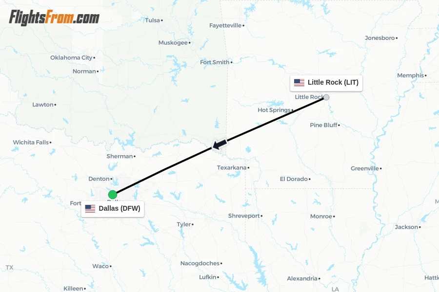 Flights from Little Rock to Dallas route map