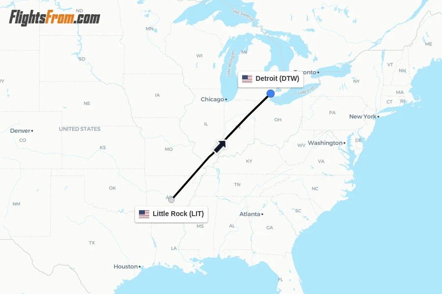 Flights from Little Rock to Detroit route map