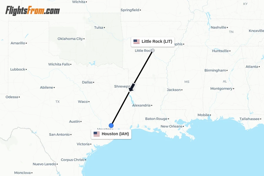 Flights from Little Rock to Houston route map