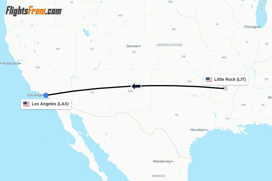 Flights from Little Rock to Los Angeles route map