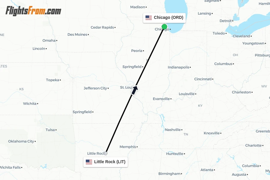 Flights from Little Rock to Chicago route map