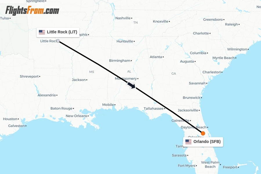 Flights from Little Rock to Orlando route map