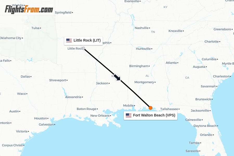 Flights from Little Rock to Fort Walton Beach route map