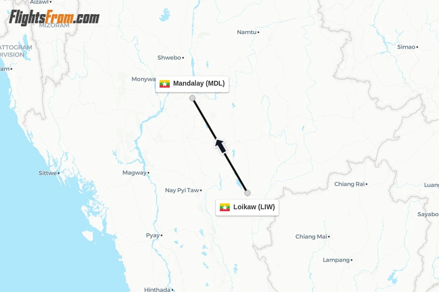 Flights from Loikaw to Mandalay route map