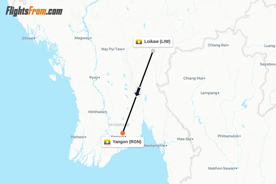 Flights from Loikaw to Yangon route map