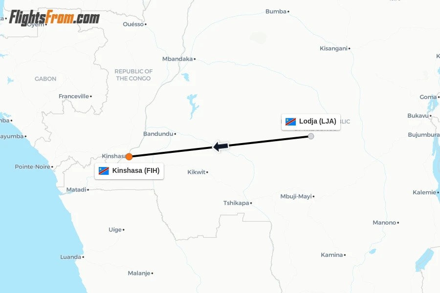 Flights from Lodja to Kinshasa route map