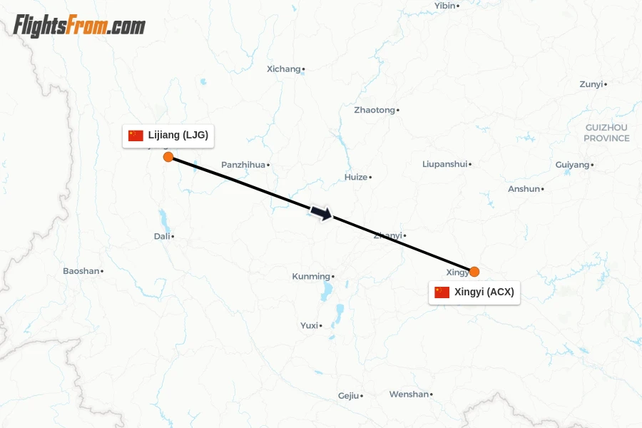 Flights from Lijiang to Xingyi route map