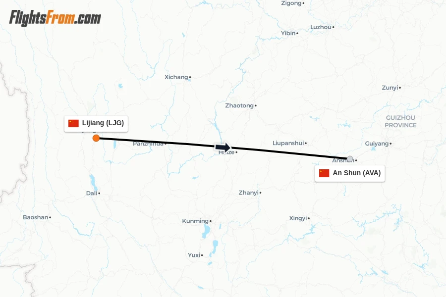 Flights from Lijiang to An Shun route map