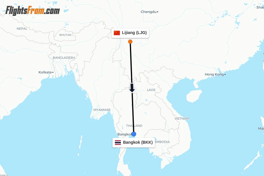 Flights from Lijiang to Bangkok route map