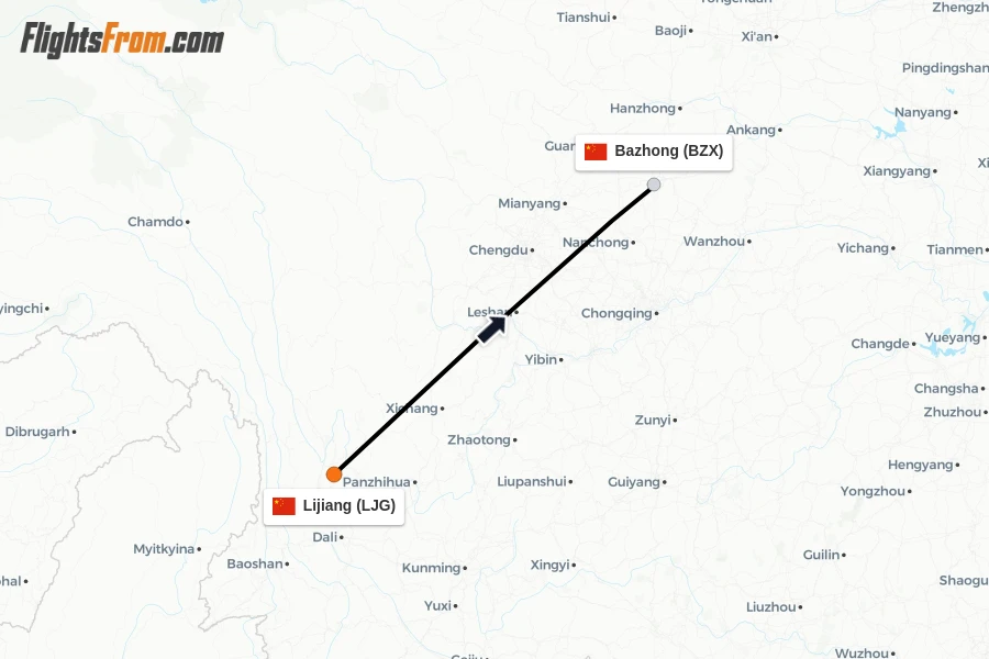 Flights from Lijiang to Bazhong route map